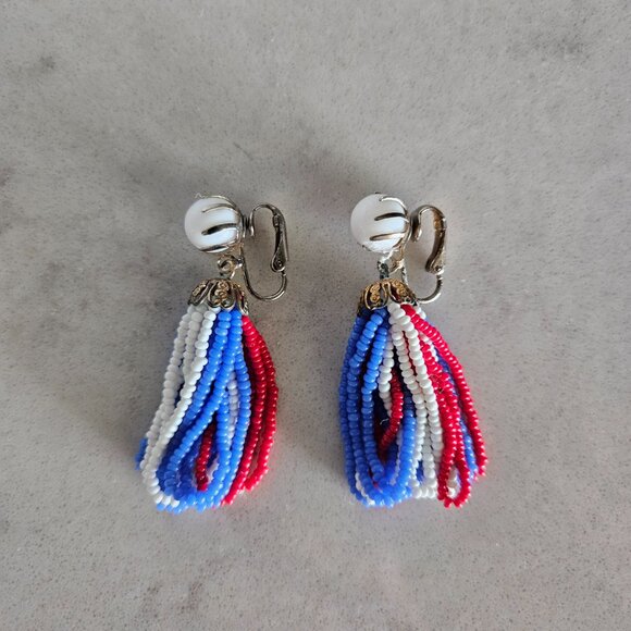 RED, WHITE, AND BLUE BEADED DANGLE CLIP-ON EARRINGS - Picture 8 of 14